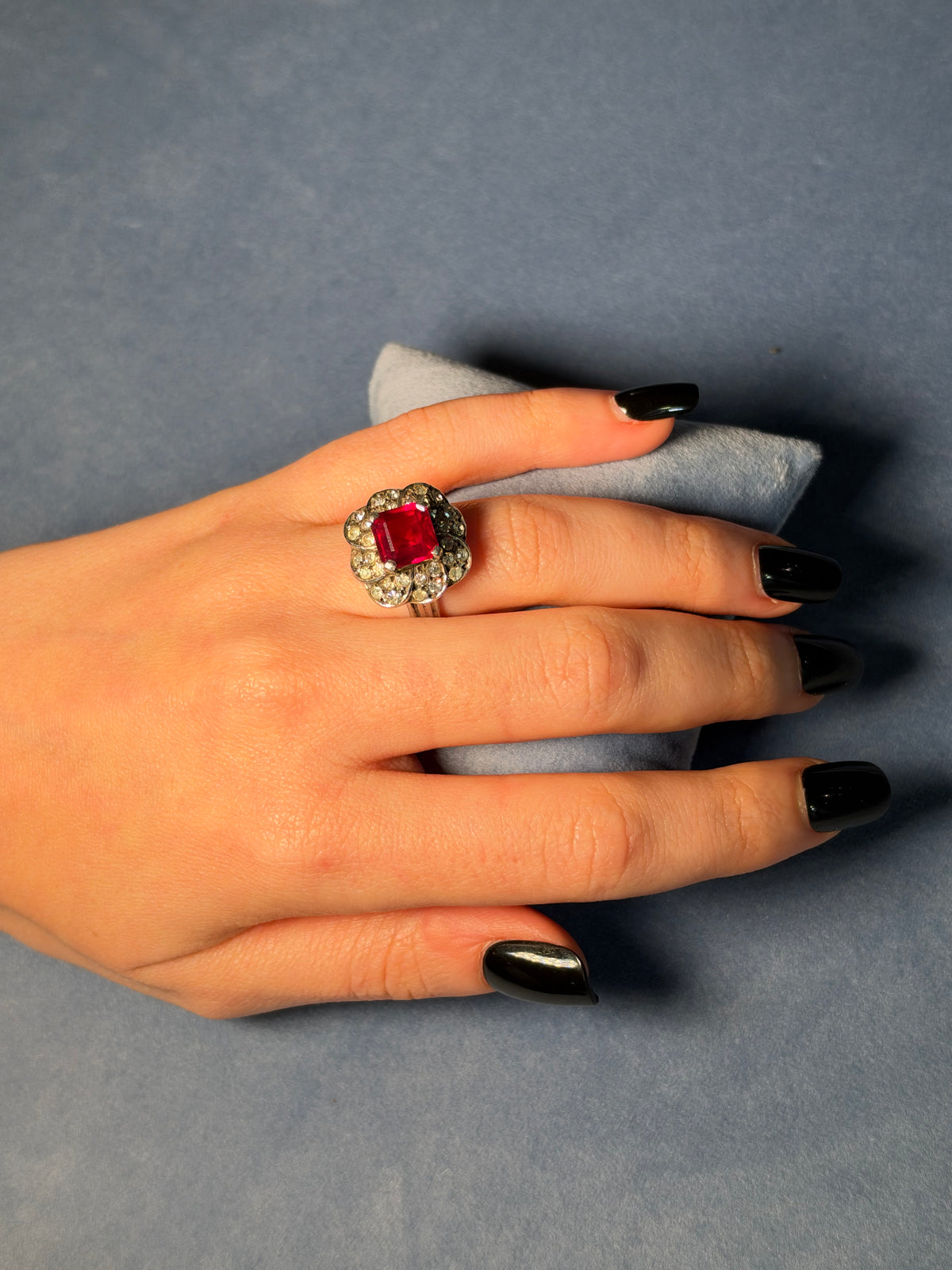 Synthetic ruby silver daisy ring