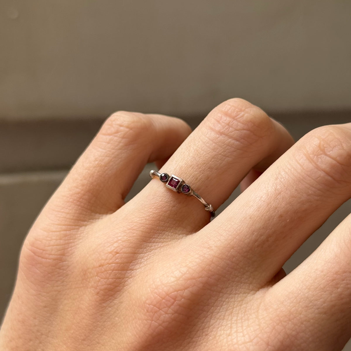 Trilogy Ring, Ruby, Topaz and Silver.